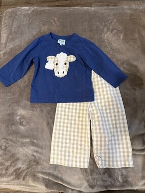Kids Navy Cow Appliqué Matching Set with Beige Gingham Pants